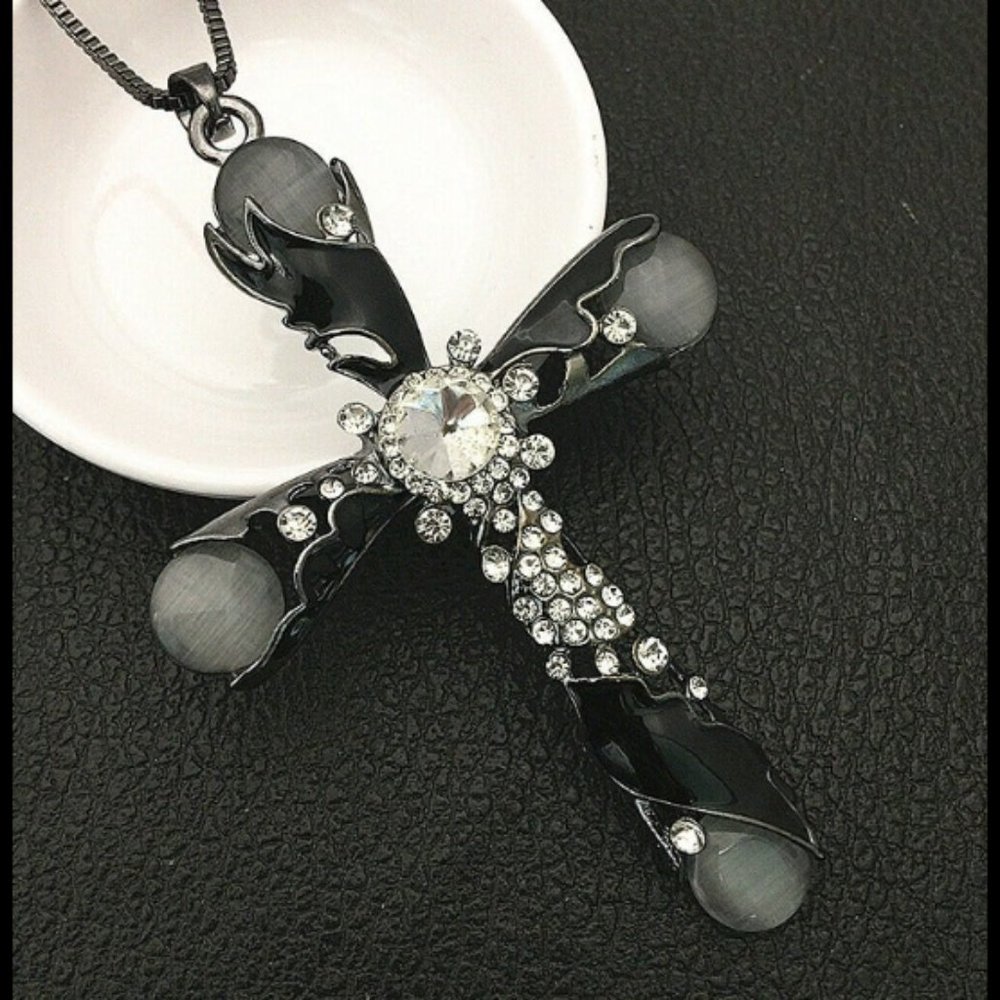 Betsey Johnson Statement Faux Pearl and Rhinestone Cross Pendant Necklace